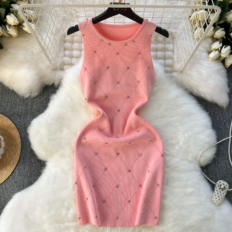 Beading Summer Women's Knitting Sheath Tank Dress Female Bodycon Knitted Camisole Sleeveless Mini Dresses For Woman Outfits_ecoleips.com