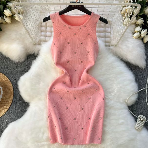 Beading Summer Women's Knitting Sheath Tank Dress Female Bodycon Knitted Camisole Sleeveless Mini Dresses For Woman Outfits_ecoleips.com