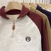 Real Shot Of Women's Casual Loose-fitting Polo Collar Sweatshirt With Contrasting Color Raglan Sleeves And Half-zip,_ecoleips.com