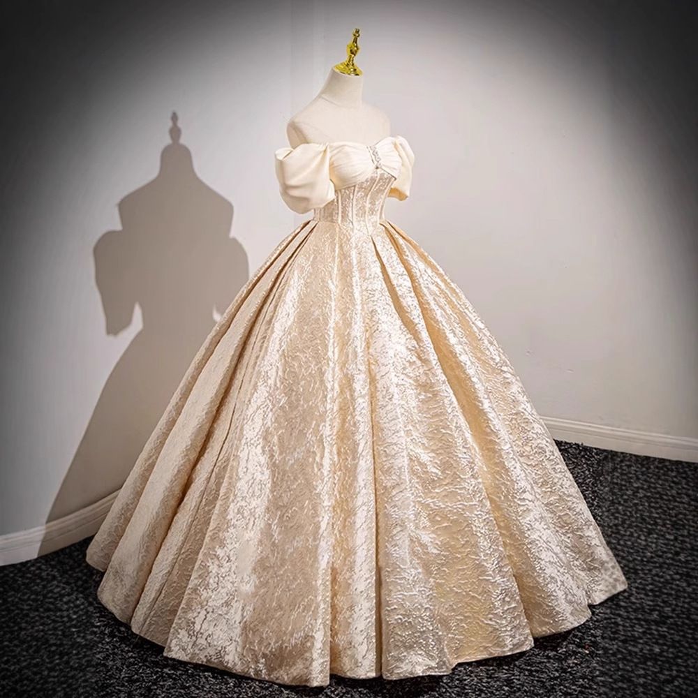 Women's Clothing Champagne French-Inspired Ball Gown – Elegant Bridal Toast Dress, Debutante & Formal Evening Gown (Off-Shoulder Tulle Skirt)_ecoleips.com