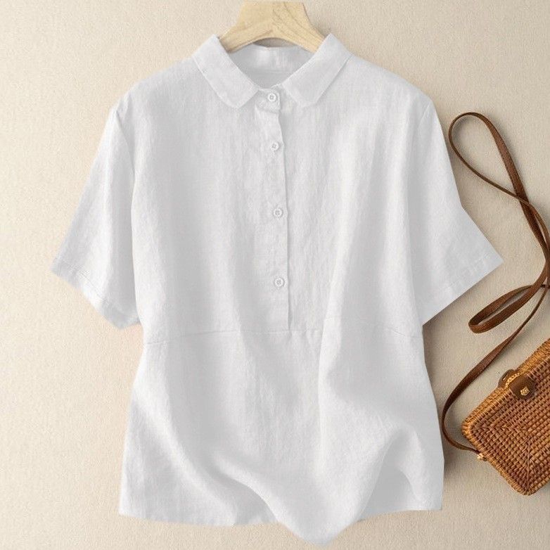 Women's Clothing Solid Color Short Sleeved Pullover Linen Shirt For Women Retro Cotton And Linen Shirt Tops_ecoleips.com