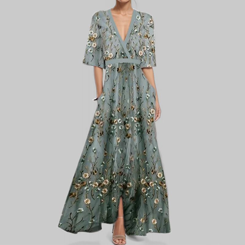 This Women's Dress Is Fashionable, Elegant And Stylish. It Features A V-Neck, Printed Tie And A Large Skirt Hem_ecoleips.com