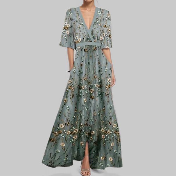 This Women's Dress Is Fashionable, Elegant And Stylish. It Features A V-Neck, Printed Tie And A Large Skirt Hem_ecoleips.com