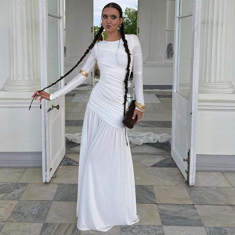 2025 Summer New Fashion Slim Fit Pleated Elegant Round Neck Long Sleeve Dress For Women Wholesale_ecoleips.com