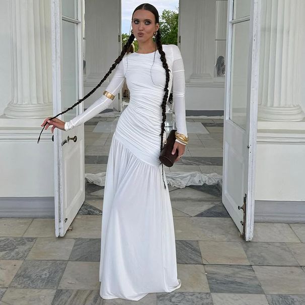 2025 Summer New Fashion Slim Fit Pleated Elegant Round Neck Long Sleeve Dress For Women Wholesale_ecoleips.com