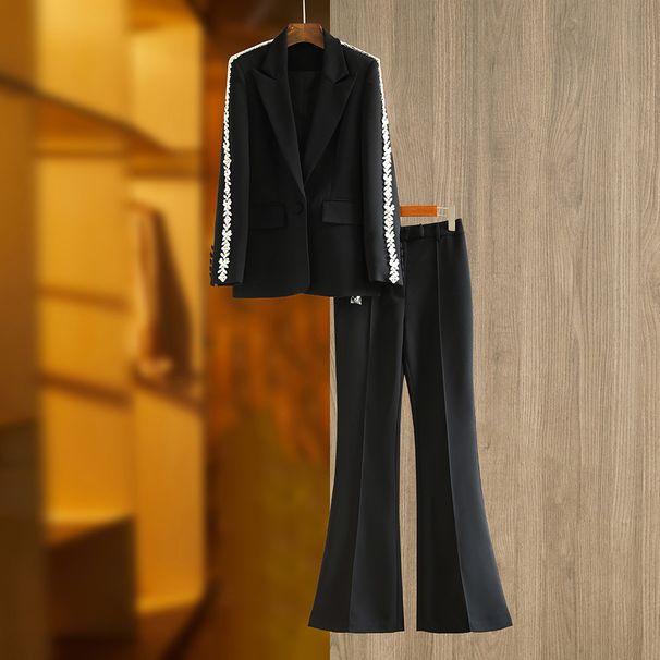 Women's Clothin Duty Black Rhinestone Slim Fit Long Sleeved Suit Two Piece Slightly Spicy Flared Straight Leg Pants For Modification_ecoleips.com