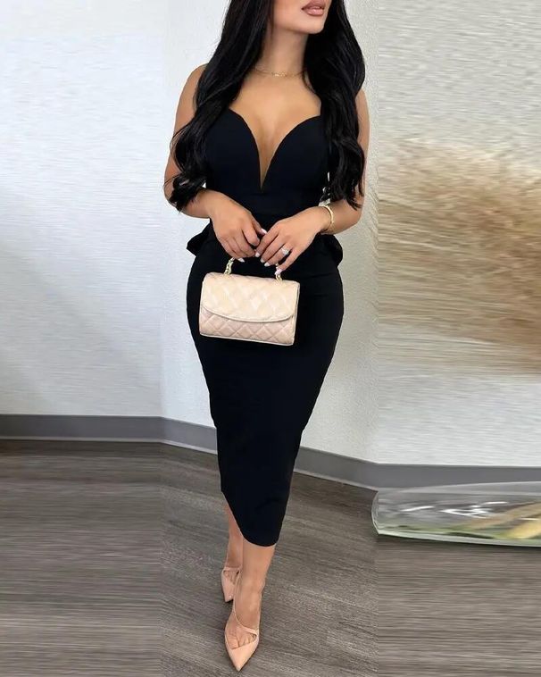 Women's Clothing elegant pure color hip wrapped backless deep V high waist bow elastic slit dress_ecoleips.com