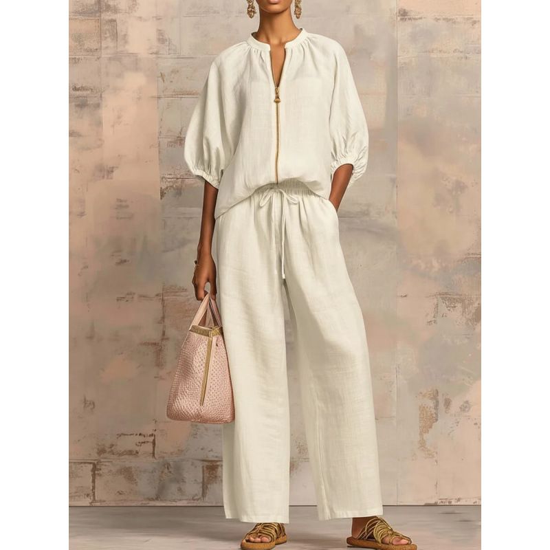 Summer Women's Wide Leg Pants Set Casual Loose Fit Zipper Round Neck Top Solid Color American Style_ecoleips.com