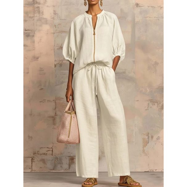 Summer Women's Wide Leg Pants Set Casual Loose Fit Zipper Round Neck Top Solid Color American Style_ecoleips.com