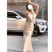 Elegant French Style Evening Gown off White Halter Neck Spaghetti Strap Satin Dress Women's Fishtail Long Skirt_ecoleips.com