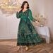 Elegant Plus Size V-Neck Floral Dress – Flowy Lantern Sleeve Maxi Dress For Women Breathable Luxury_ecoleips.com