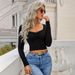 Voya Women's Spring And Summer Lace Square Neck Slim Fit Ultra Short Knitted Long Sleeved T-shirt Top Versatile_ecoleips.com