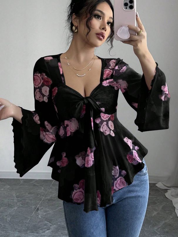 K New Design Sweet Floral Blush Tie-Up Square-Neck Long Sleeve Shirt_ecoleips.com