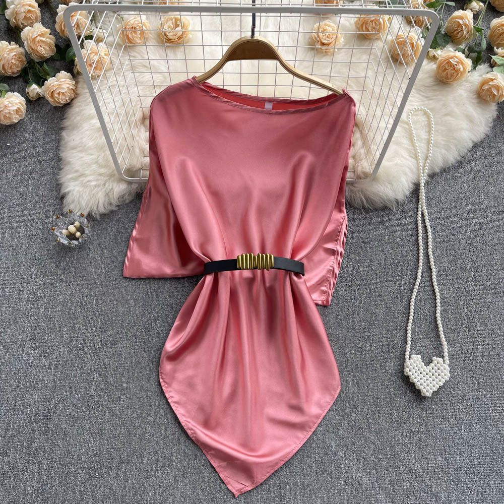 Women's Clothing Temperament Celebrity Satin T Shirt Women's Medium And Long Design Niche Waist Slimming Solid Color Simple Top_ecoleips.com