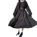 Long Sleeve A-Line Dress With Waist Gathering, High Waist, Black, Sweet And Cute For Women Versatile Long Sleeve Design_ecoleips.com