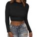 2025 New Long Sleeved T-shirt Women's Top Fashion Exposed Navel Short Style Solid Color Round Neck Trimming_ecoleips.com