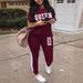 Women's Clothing Casual Sporty Two Piece Set Lettered Crew Neck Short Sleeve Top With Side Color Blocked Elastic Waist And Pocket Plus Size_ecoleips.com