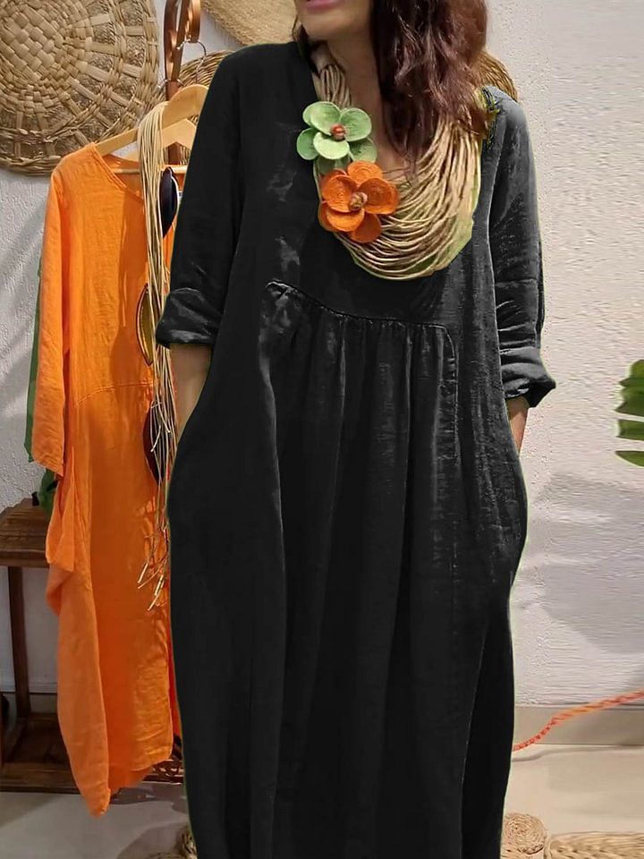 Women's V-Neck Linen Blend Dress – Breathable A-Line Midi Dress With Relaxed Fit, Casual Boho Style_ecoleips.com