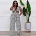 Plus Size Summer Outfits For Women Sleeveless Backless Print Jumpsuit Romper, Floral Grid Sexy Casual Playsuit_ecoleips.com