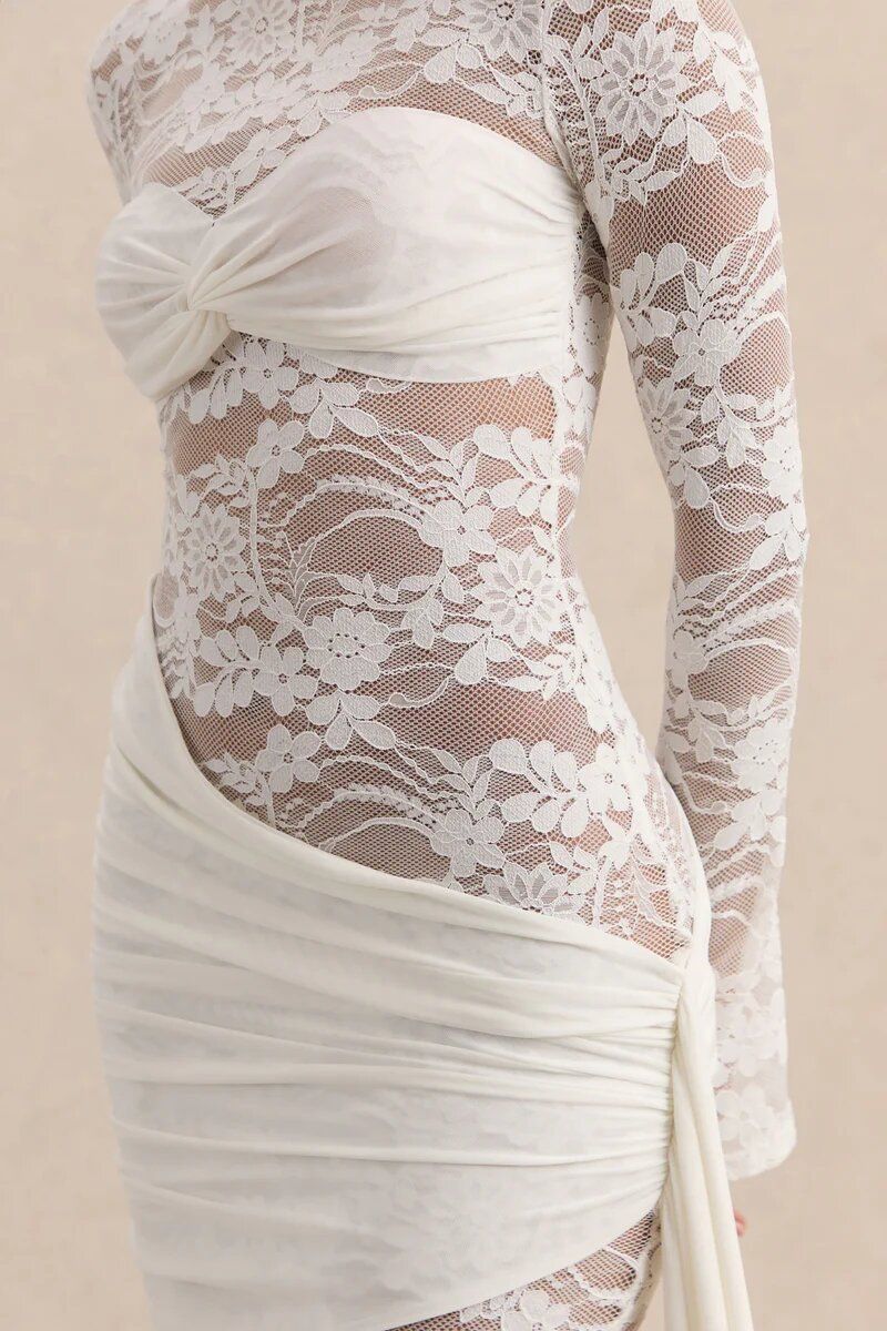 Elegant Lace & Solid Panel Bodycon Dress With Long Sleeves, Waist-Defining Silhouette And Flowing Ribbon Accents - Sophisticated Fall Evening Dress_ecoleips.com