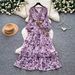 Women's French Retro Floral Dress V Neck Long Sleeve Summer Korean Style Slimming Ruffled Cake Skirt Romantic Temperament_ecoleips.com