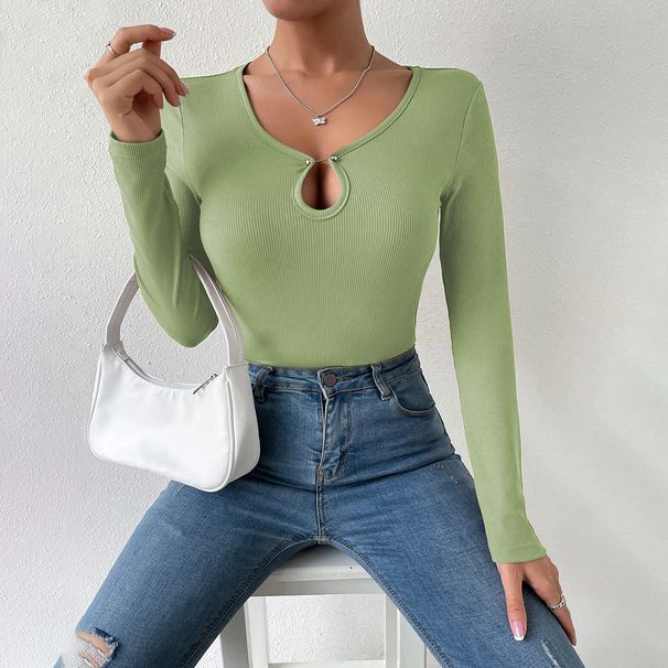 Voya Women's Comfortable And Casual Hollow Out Slim Knit Long Sleeved Women's T-shirt Fashionable And Versatile Top_ecoleips.com