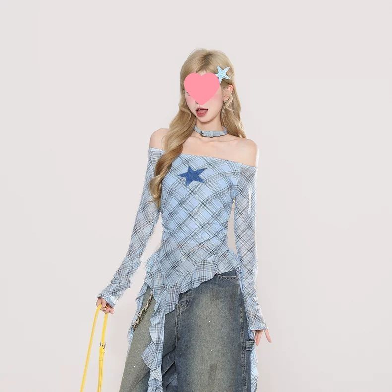 ng2510292 American Retro Plaid Off-shoulder Long-sleeve T-shirt Women, 2026 Autumn New Style, Slimming Top For Trendy Girls_ecoleips.com