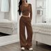Elegant Two-Piece Set For Women – Slim Fit Long-Sleeve Top & Wide-Leg Pants, Minimalist Solid Color Outfit For Autumn/Winter_ecoleips.com