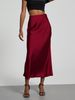 Elegant Satin Midi Skirt For Women - Flowy A-Line Tailored Pencil Skirt With Slit, Breathable Polyester, Office & Evening Wear_ecoleips.com