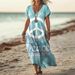 Creative Floral Women's Summer V-Neck Short Sleeve Dress, Mid-Length Dress_ecoleips.com