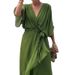 Solid Color Tie-Up Long Skirt, Bat-Sleeve Dress, Plus Size Ice Silk Commuter V-Neck_ecoleips.com
