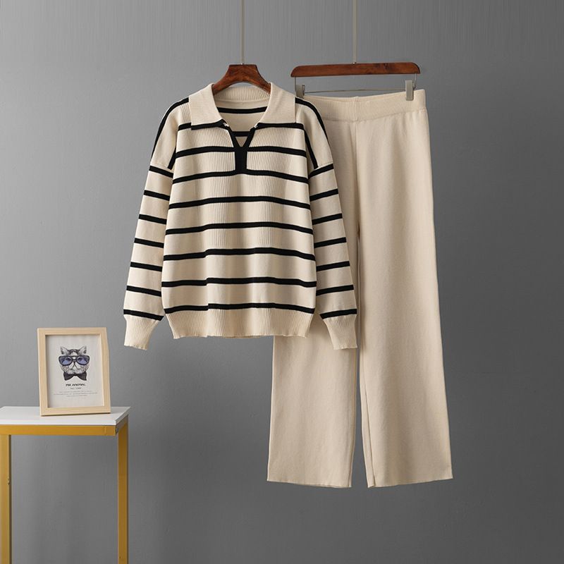 Women's Color Blocked Striped Two Piece Set V Neck Knitted Top With High Waisted Wide Leg Pants Autumn Winter Fashion Niche Design_ecoleips.com