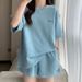 Women's Clothing Women's Summer Tracksuit Set Waffle Style Loose Fit Short Sleeve Casual Two Piece Fashion Shorts_ecoleips.com