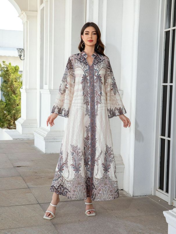 Women's Long Robe Embroidered Fabric Printed Rhinestone 241113 Cross Border Style Long Dress Muslim Fashion_ecoleips.com
