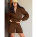 Women's Sporty Hoodie Set With Thick American Retro Style, Versatile Long-Sleeved Polo Collar Top And Shorts Two-Piece_ecoleips.com