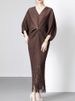 Freeacy Women's Solid Color V-neck Batwing Sleeves Evening Dress High Waist Slim Fit Fringe Dress 2025 Fall Stylish Party Gowns_ecoleips.com