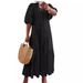 Women's Clothing Summer New Woven Solid Color V Neck Button Pleated Loose Casual Dress_ecoleips.com