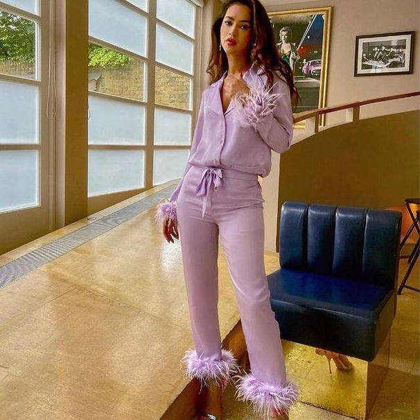 Women's Clothing Solid Color Suit Lapel Top Feather Trousers Two Piece Set Pajama Set_ecoleips.com