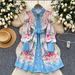 Women's Clothing Retro Lapel Long Sleeve Single Breasted Waist Slim Print A Line Shirt Dress_ecoleips.com