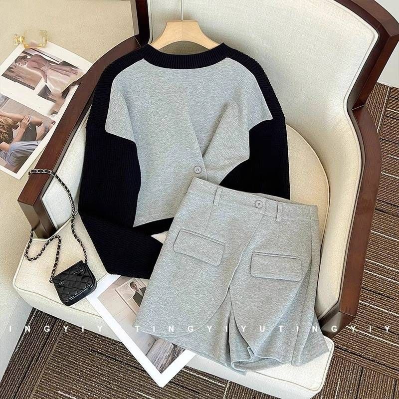Women's Clothing Original Fashion Casual Suit Women's Splicing Sweater Shorts Two Piece Suit_ecoleips.com