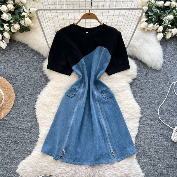 Women's Clothing Fashion Design Two Piece Dress Summer Short Sleeved Patchwork Waist Zipper Denim Mid Length Skirt_ecoleips.com
