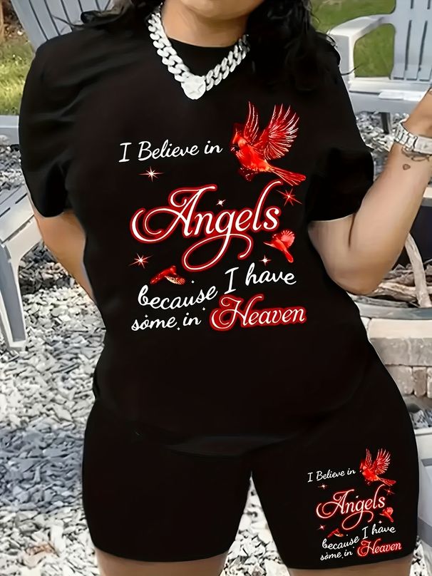 Summer Women's Casual Fashion Letter Lucky Bird Print Loose T-shirt+shorts Two-piece Sportswear Suitable For Daily Wear-57_ecoleips.com