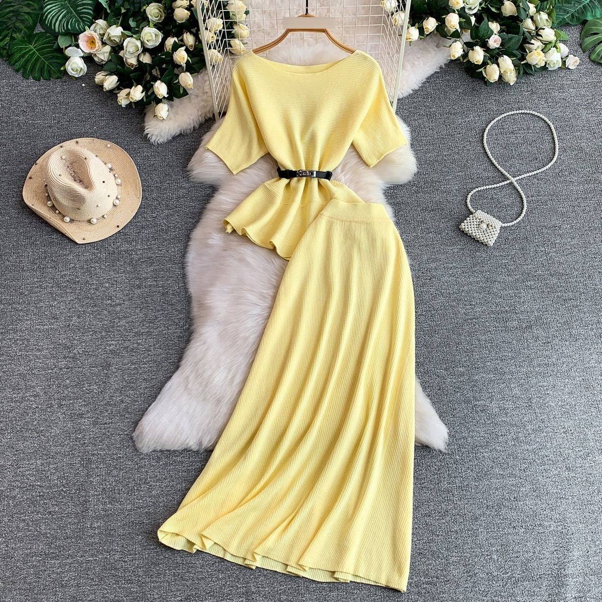 Women's Clothing Elegant French Style Off The Shoulder Top Women's Ruffled Hem Tie Waist Two Piece Set_ecoleips.com