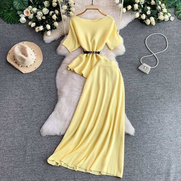 Women's Clothing Elegant French Style Off The Shoulder Top Women's Ruffled Hem Tie Waist Two Piece Set_ecoleips.com