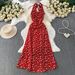 Women's Clothing Elegant V Neck Halter Dress Polka Dot A-Line High Waist Long Summer Commuter Dress_ecoleips.com