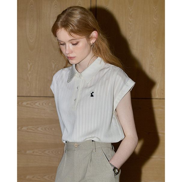 Women's Sleeveless Polo Shirt, Casual Embroidery Blouse, Lightweight Striped Top For Office & Daily Wear, White_ecoleips.com