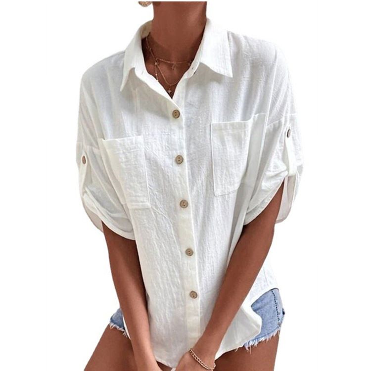 Women's Clothing Women's Mid-Length Shirt Cotton Linen Blend With Short Sleeves Pockets Turn Down Collar For Formal & Casual_ecoleips.com