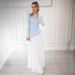 Elegant Chiffon Beaded Pleated Evening Gown For Women - Long Sleeve Formal Dress For Wedding & Special Occasions (Blue & White, S-XXL)_ecoleips.com