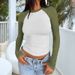 Y2k-Style Spring/Summer Women's Round-Neck Collared Long-Sleeved T-Shirt With Color Contrast Design For Slimming Effect_ecoleips.com