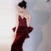 Elegant Retro French Style Burgundy Wedding Dress High-End Suitable for Brides Engagement Parties Toasting And Emcee Performance Evening Gown_ecoleips.com